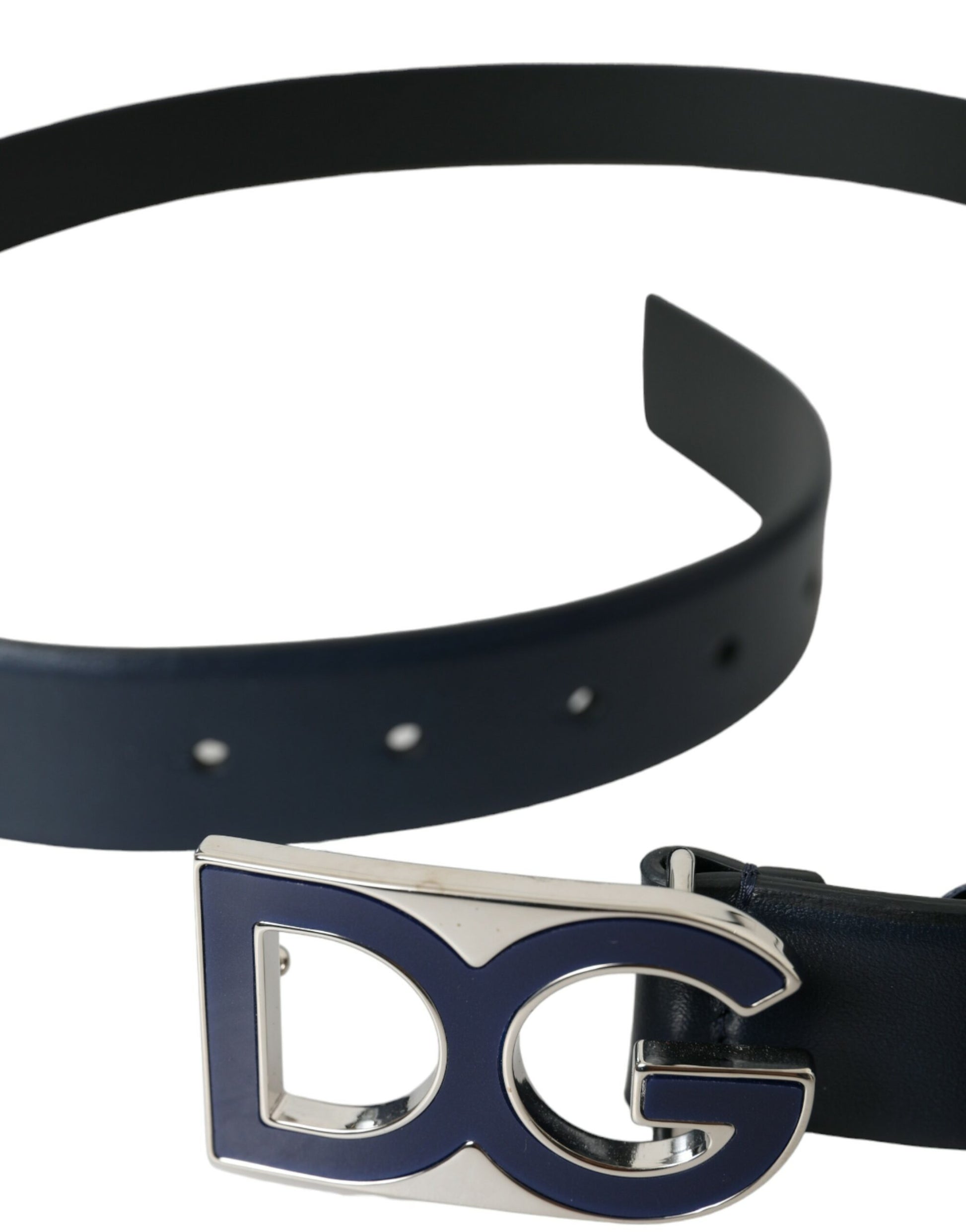 Blue Leather Metal Logo Buckle Belt Men