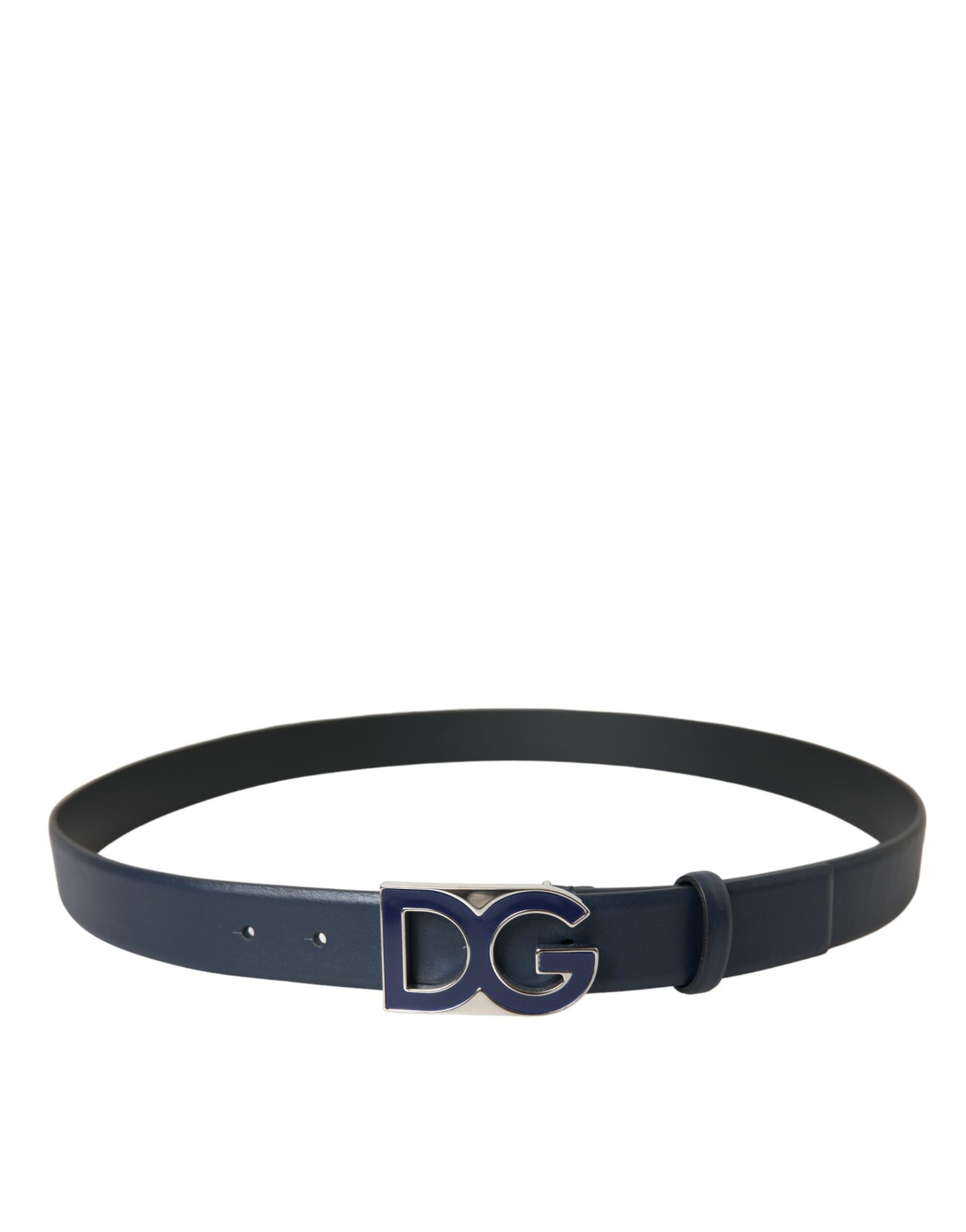 Blue Leather Metal Logo Buckle Belt Men