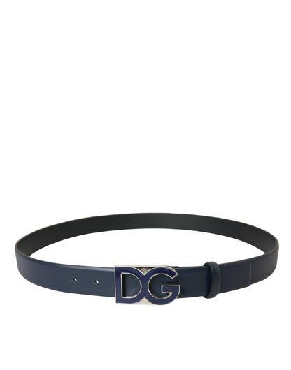 Blue Leather Metal Logo Buckle Belt Men