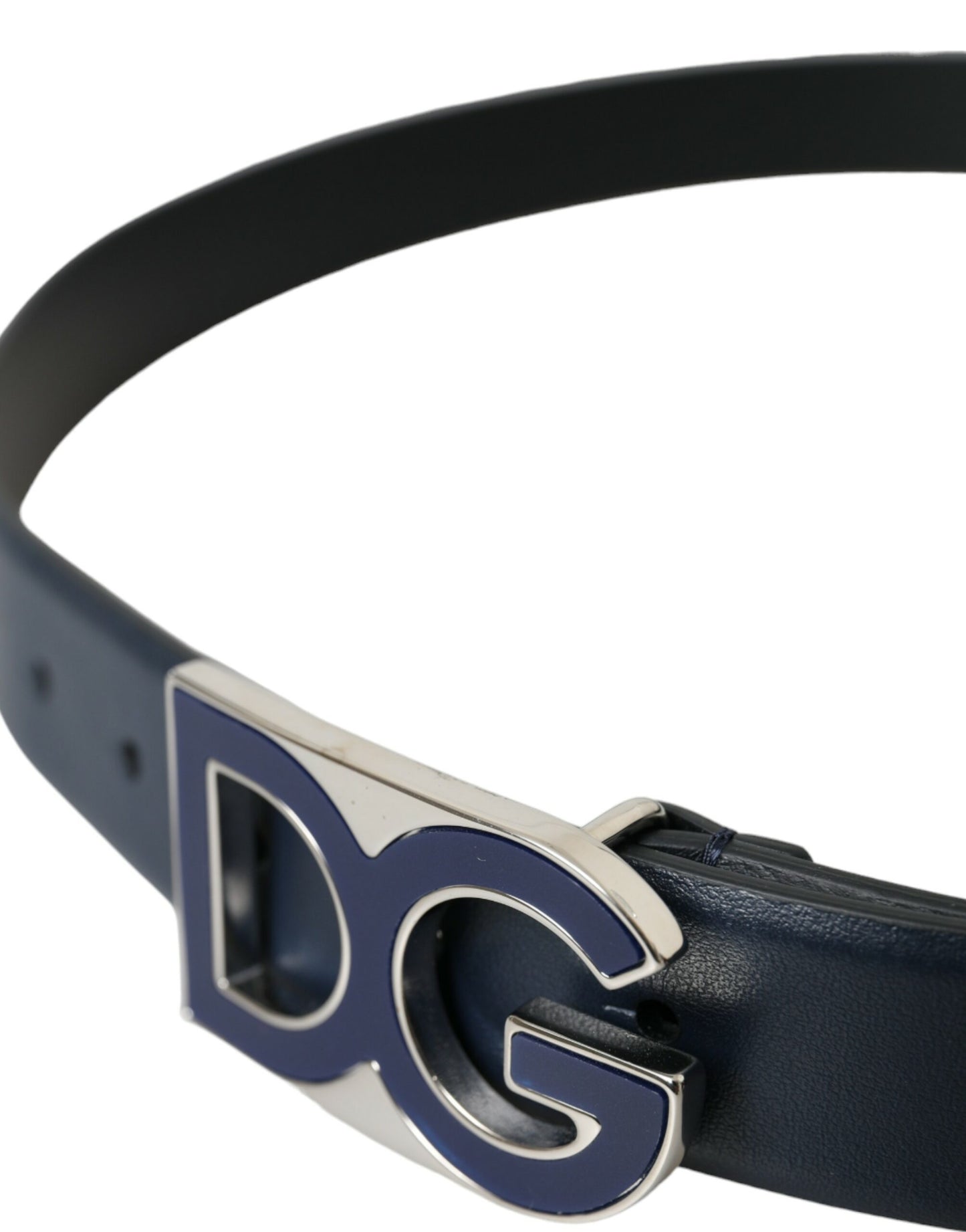 Blue Leather Metal Logo Buckle Belt Men