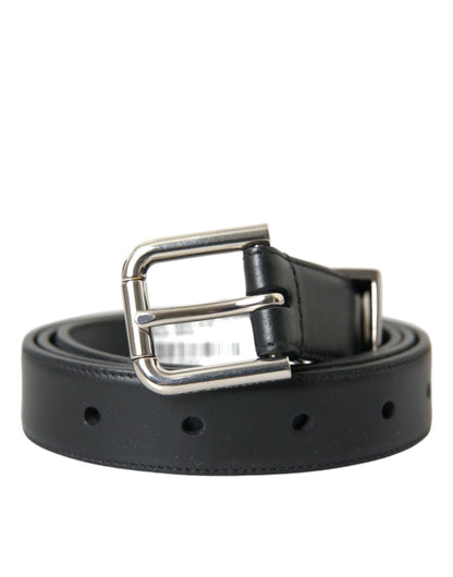 Black Leather Silver Metal Buckle Belt Men