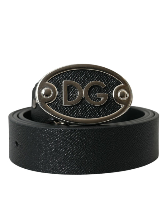 Black Leather Oval Logo Buckle Belt Men