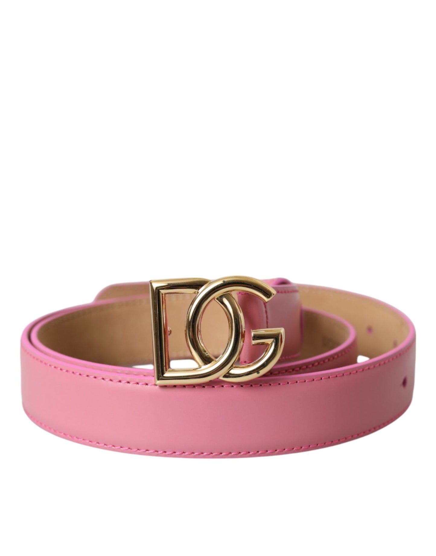 Pink Leather Gold Logo Metal Buckle Belt