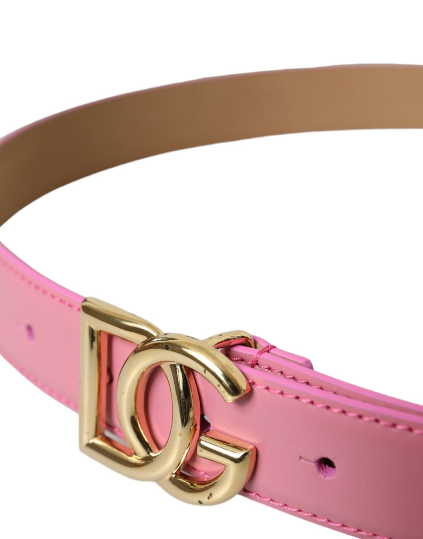 Pink Leather Gold Logo Metal Buckle Belt