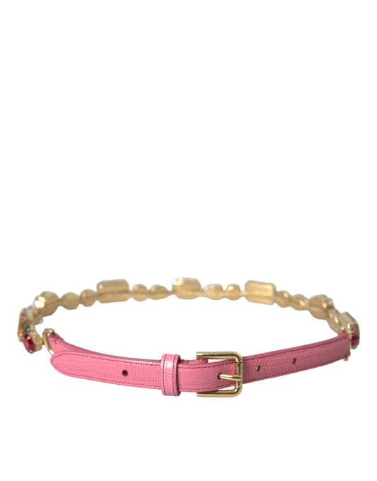 Pink Leather Crystal Chain Embellished Belt