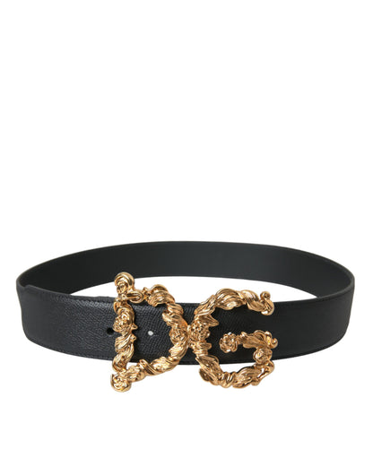 Black Leather Baroque Gold DG Logo Waist Buckle Belt