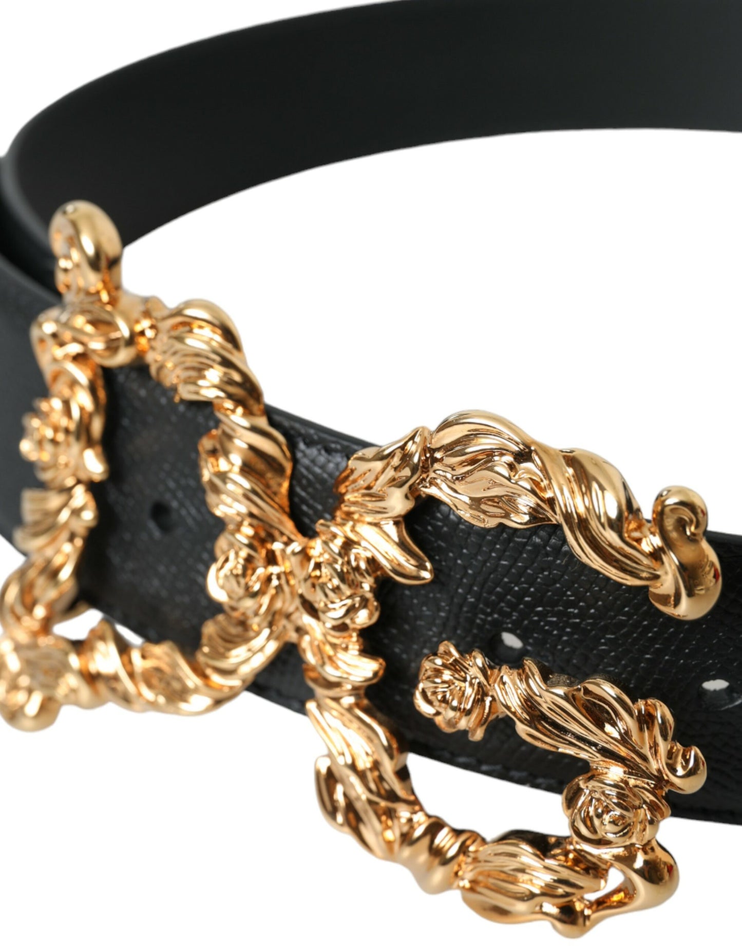 Black Leather Baroque Gold DG Logo Waist Buckle Belt