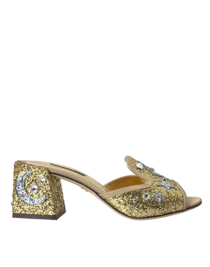 Gold Sequin Leather Heels Sandals Shoes