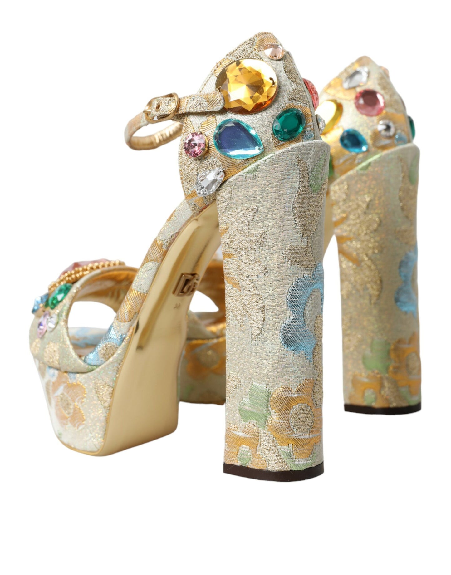 Gold Floral Jacquard Crystal Sandals Shoes