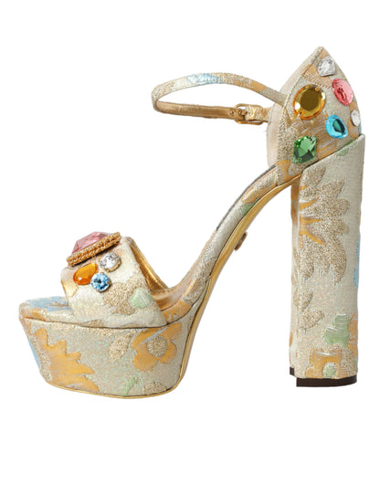 Gold Floral Jacquard Crystal Sandals Shoes