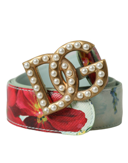 Multicolor Floral Leather Gold DG Logo Buckle Belt