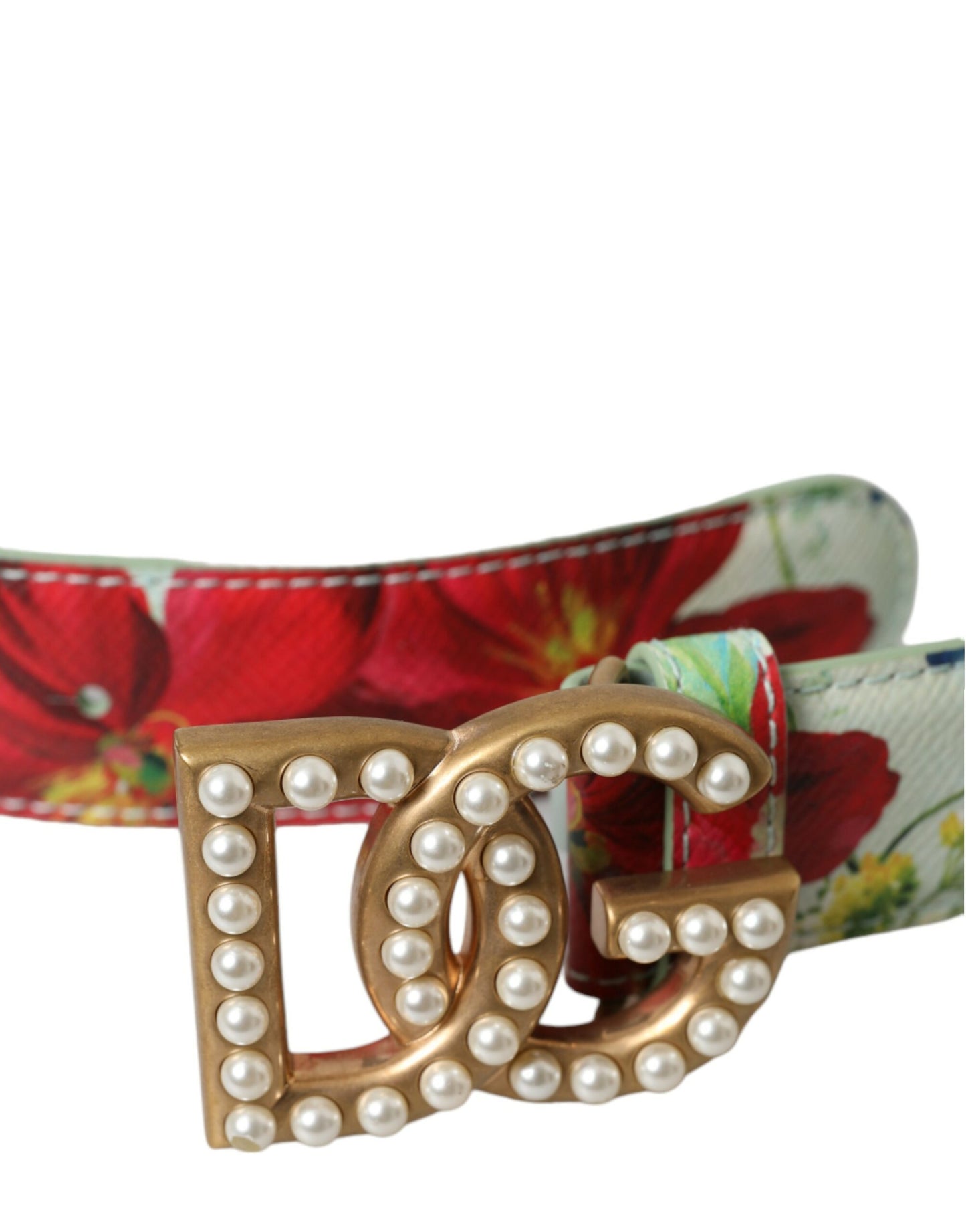 Multicolor Floral Leather Gold DG Logo Buckle Belt