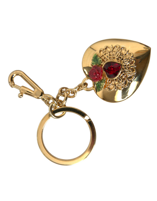 Metallic Gold Brass Heart Floral Pendant Keychain Keyring