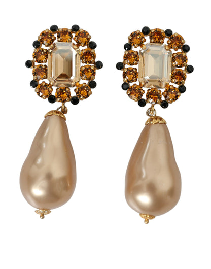 Gold Brass Crystal Faux Pearl Clip On Dangling Earrings