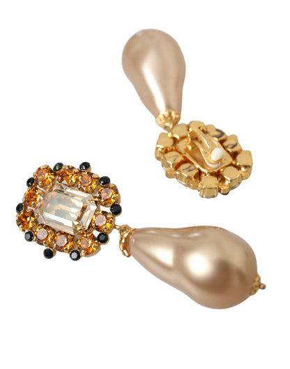 Gold Brass Crystal Faux Pearl Clip On Dangling Earrings