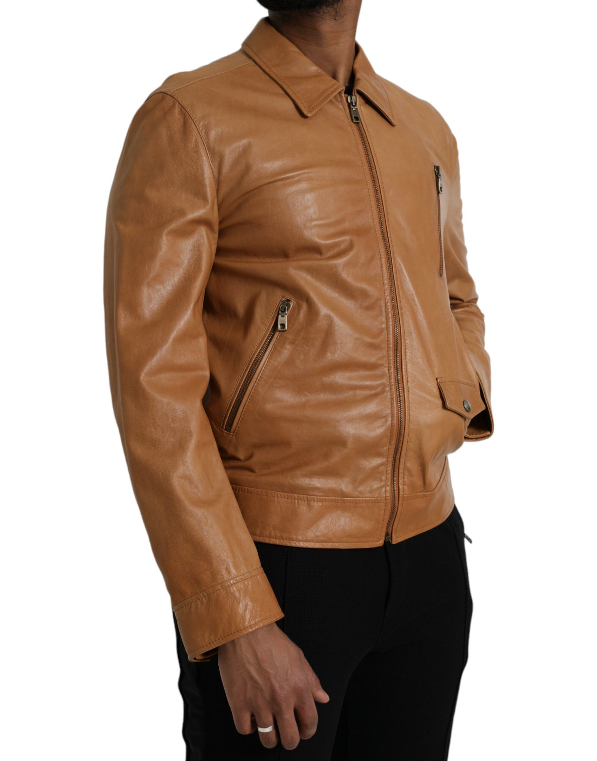 Brown Lamb Leather Full Zip Blouson Jacket