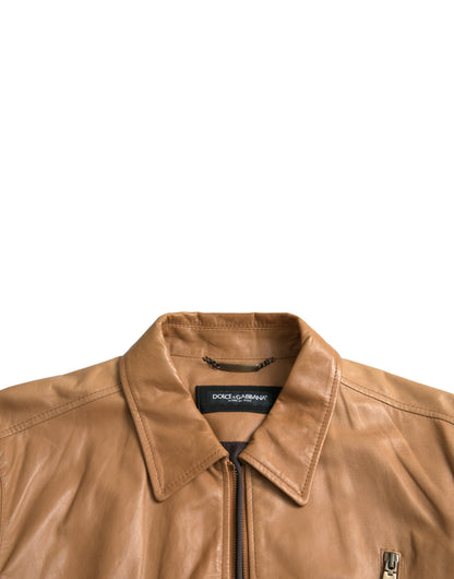 Brown Lamb Leather Full Zip Blouson Jacket