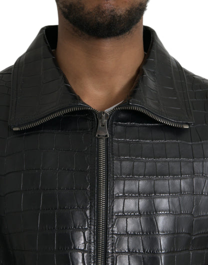 Black Exotic Leather Full Zip Jacket