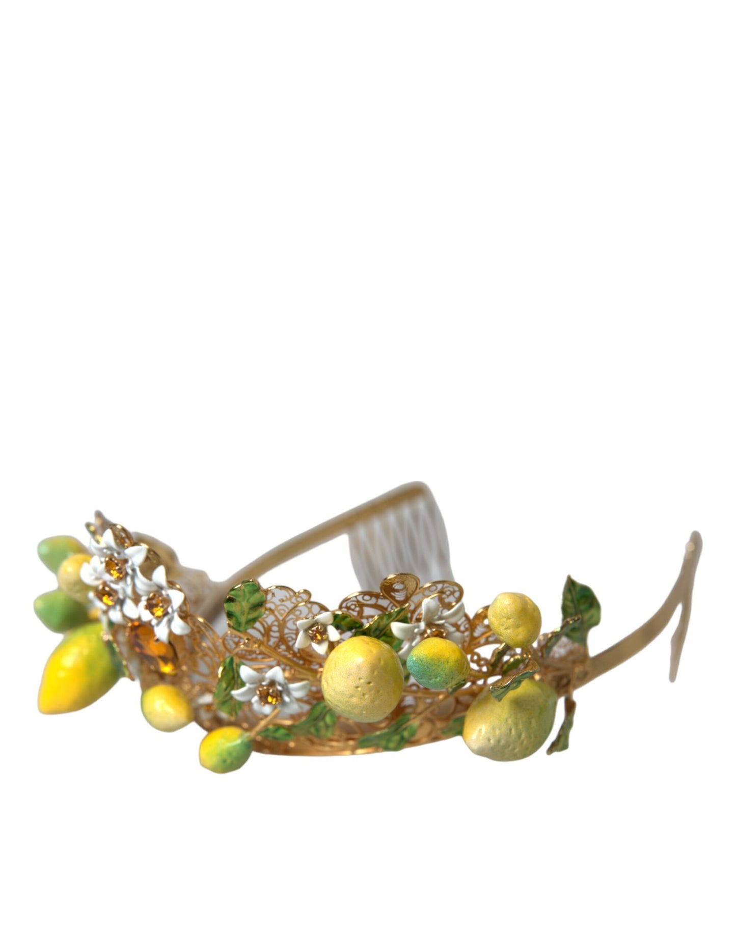 Gold Tone Brass Crystal Sicily Lemon Head Crown Tiara