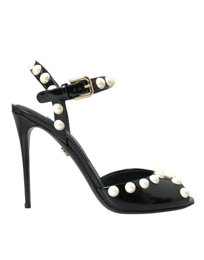 Black Embellished Leather Sandals Heels Shoes