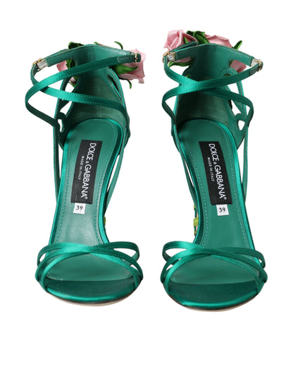 Green Flower Satin Heels Sandals Shoes