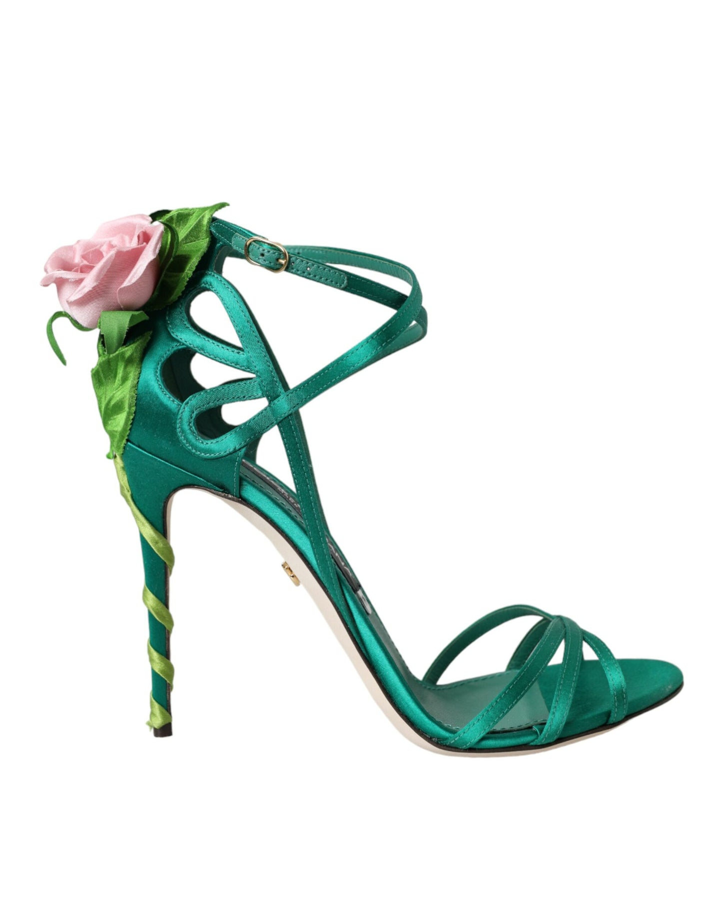 Green Flower Satin Heels Sandals Shoes