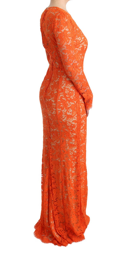 Elegant Long-Sleeve Full-Length Orange Sheath Dress