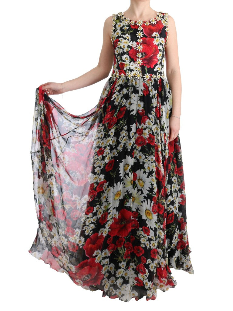 Floral Maxi Gown with Sunflower Print and Crystals