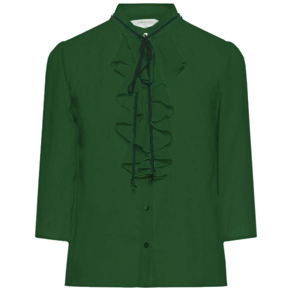 Elegant Green Crepe Blouse with Ruffle Accent