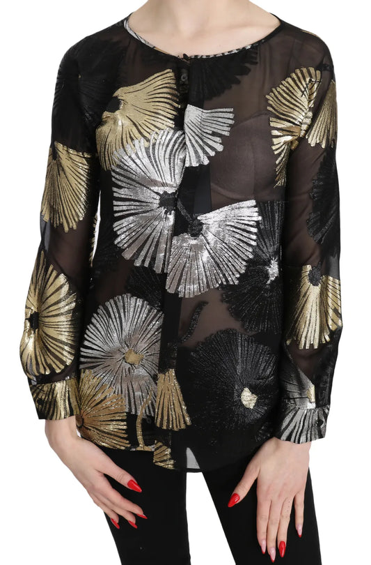 Gold Silver Silk Jacquard See Through Top Blouse