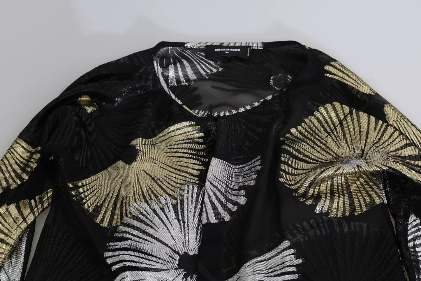 Gold Silver Silk Jacquard See Through Top Blouse