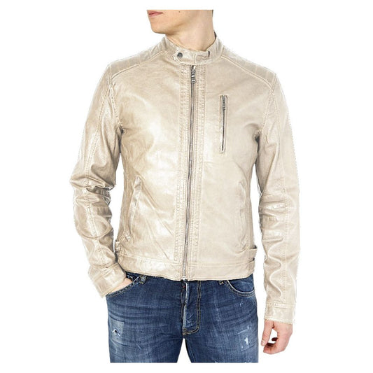 Chic Beige Faux Leather Jacket for Men