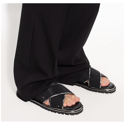 Black Zircon-Bedecked Leather Slippers