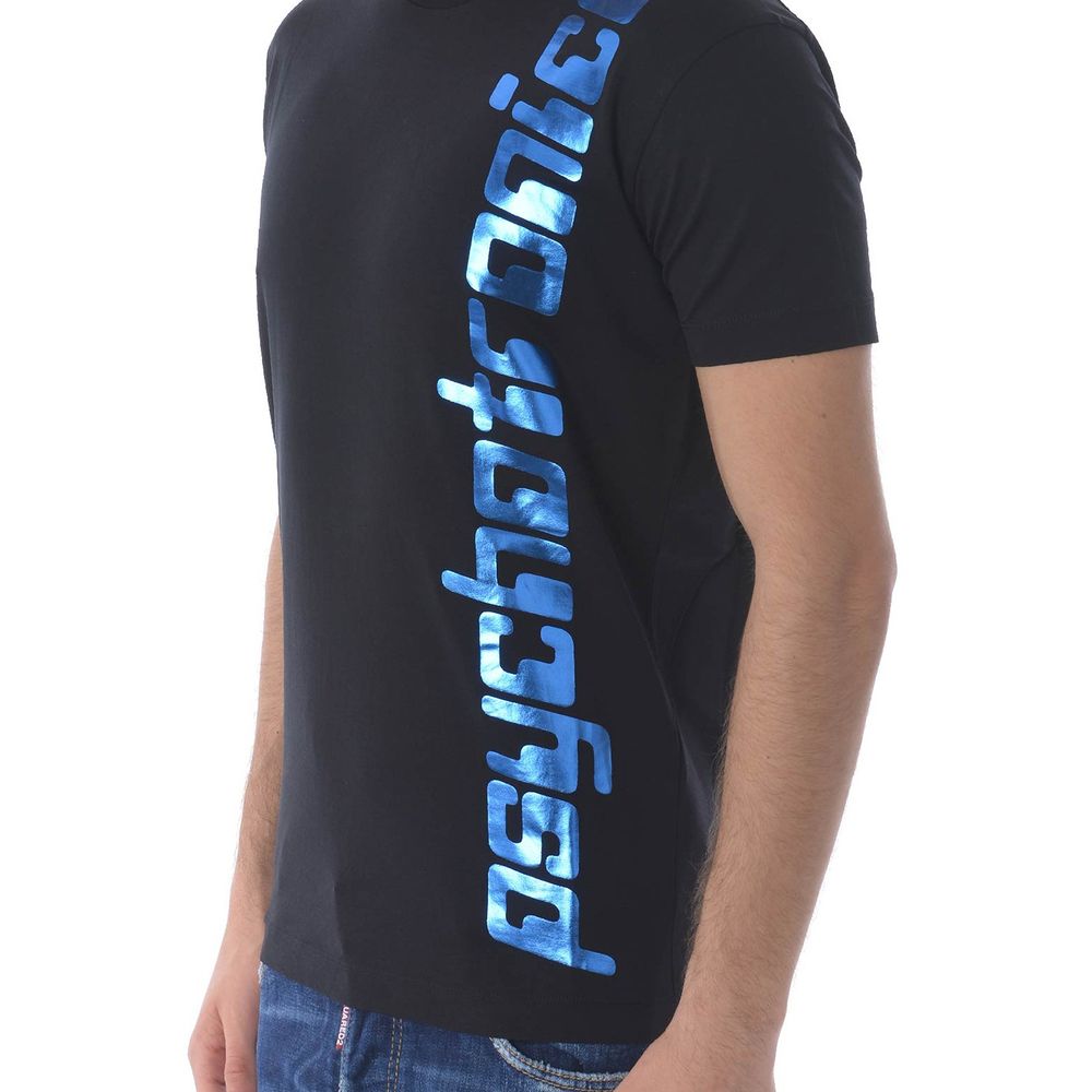 Sleek Black Cotton Tee with Bold Blue Accent