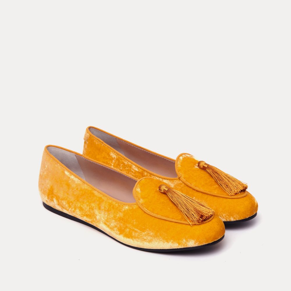 Elegant Velvet Yellow Flats with Tassel Detail