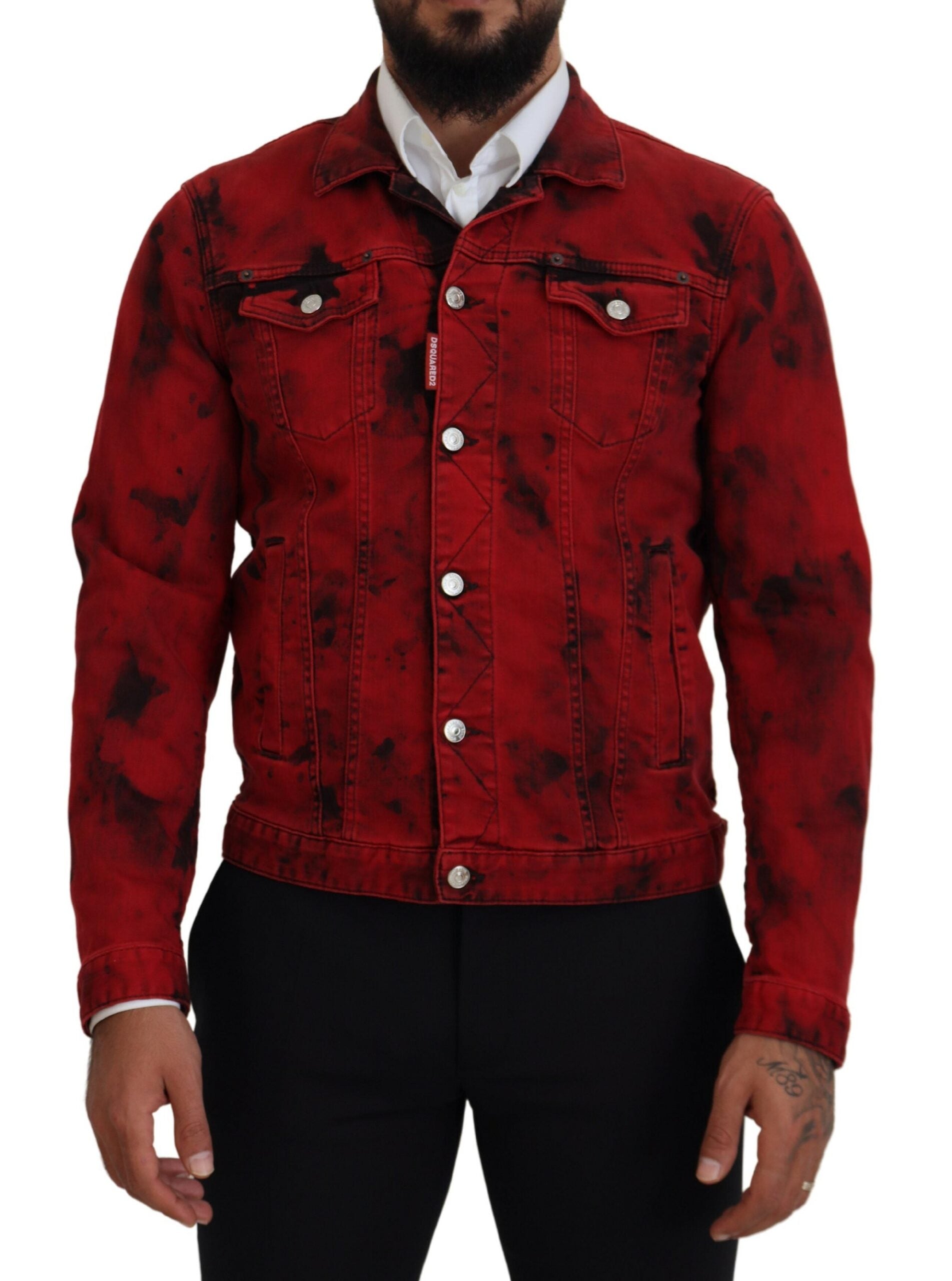 Red Black Tie Dye Collared Men Denim Jacket