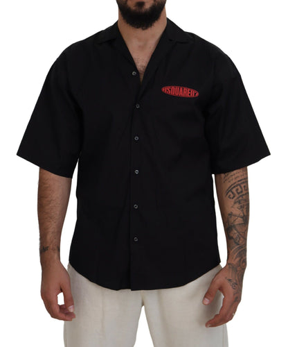 Black Cotton Collared Logo Print Short Sleeve Shirt