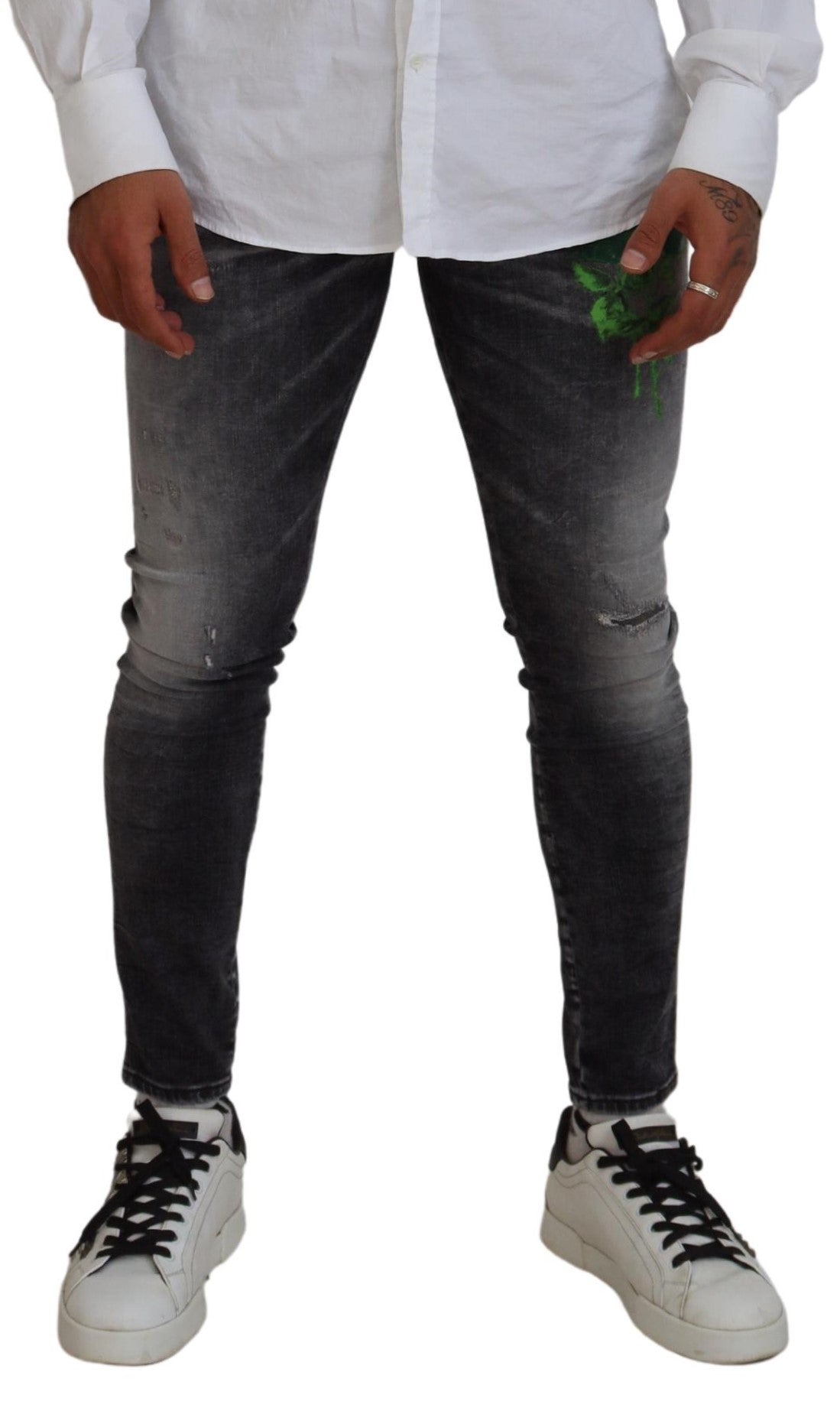 Gray Washed Green Print Skinny Casual Denim Jeans