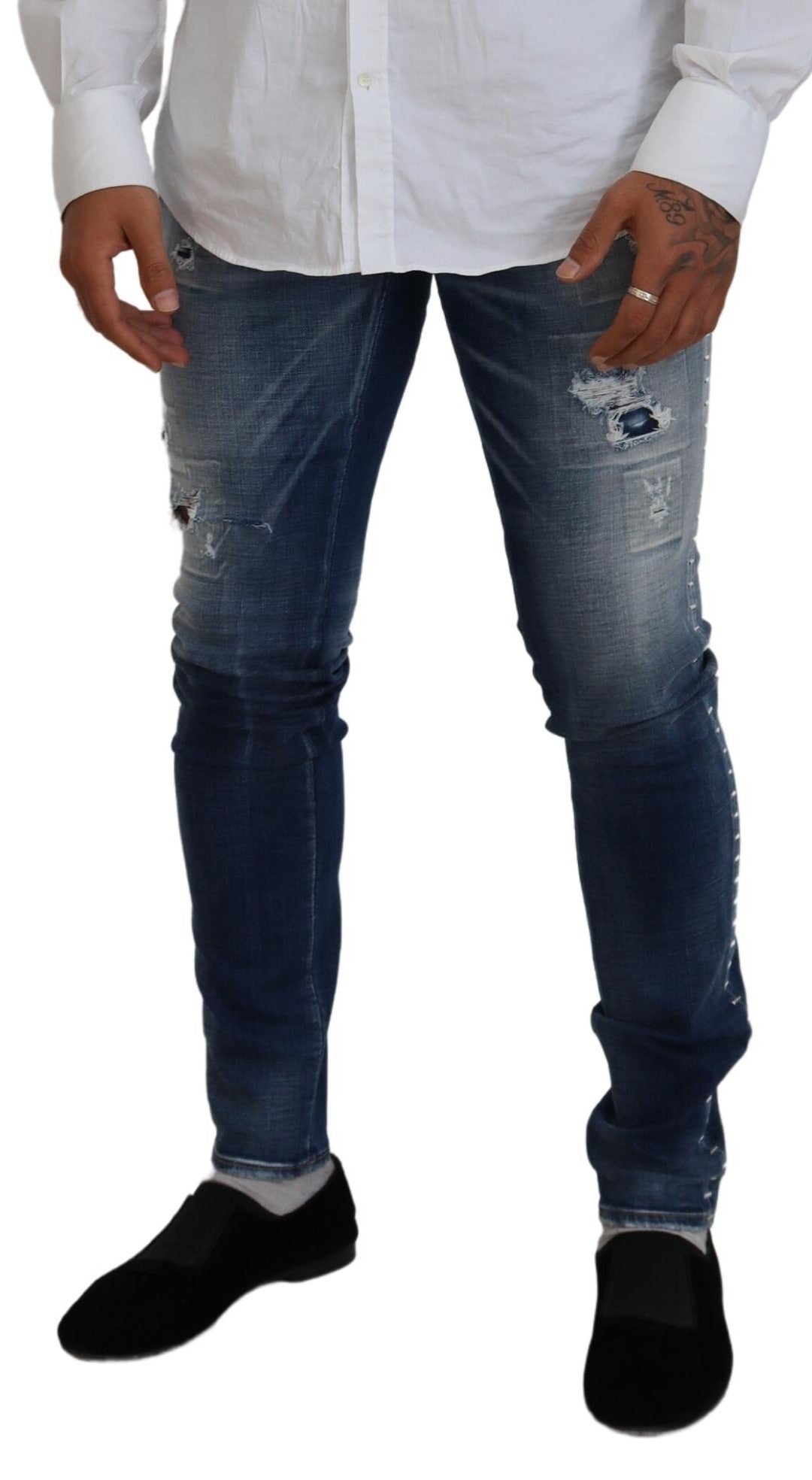 Blue Washed Cotton Tattered Skinny Denim Jeans