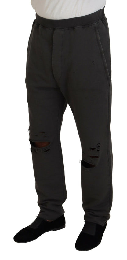 Dark Gray Cotton Men Casual Tattered Pants