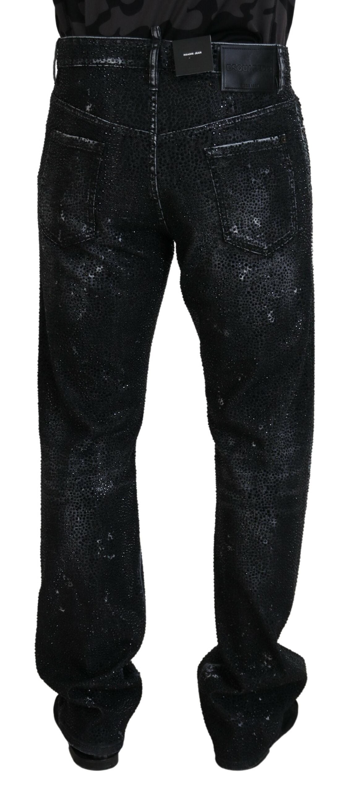 Black Crystal Embellished Tattered Denim Jeans