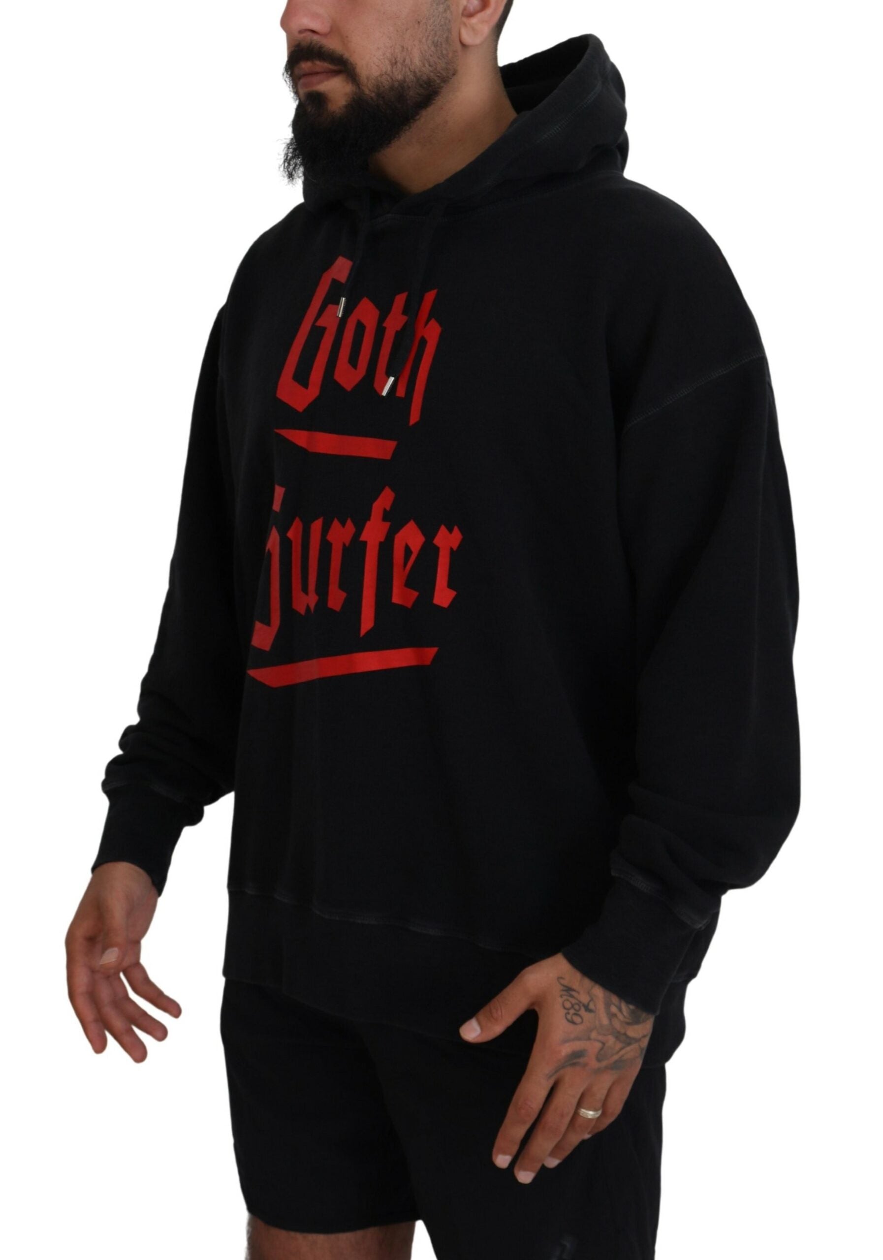 Black Cotton Hooded Printed Men Pullover Sweater