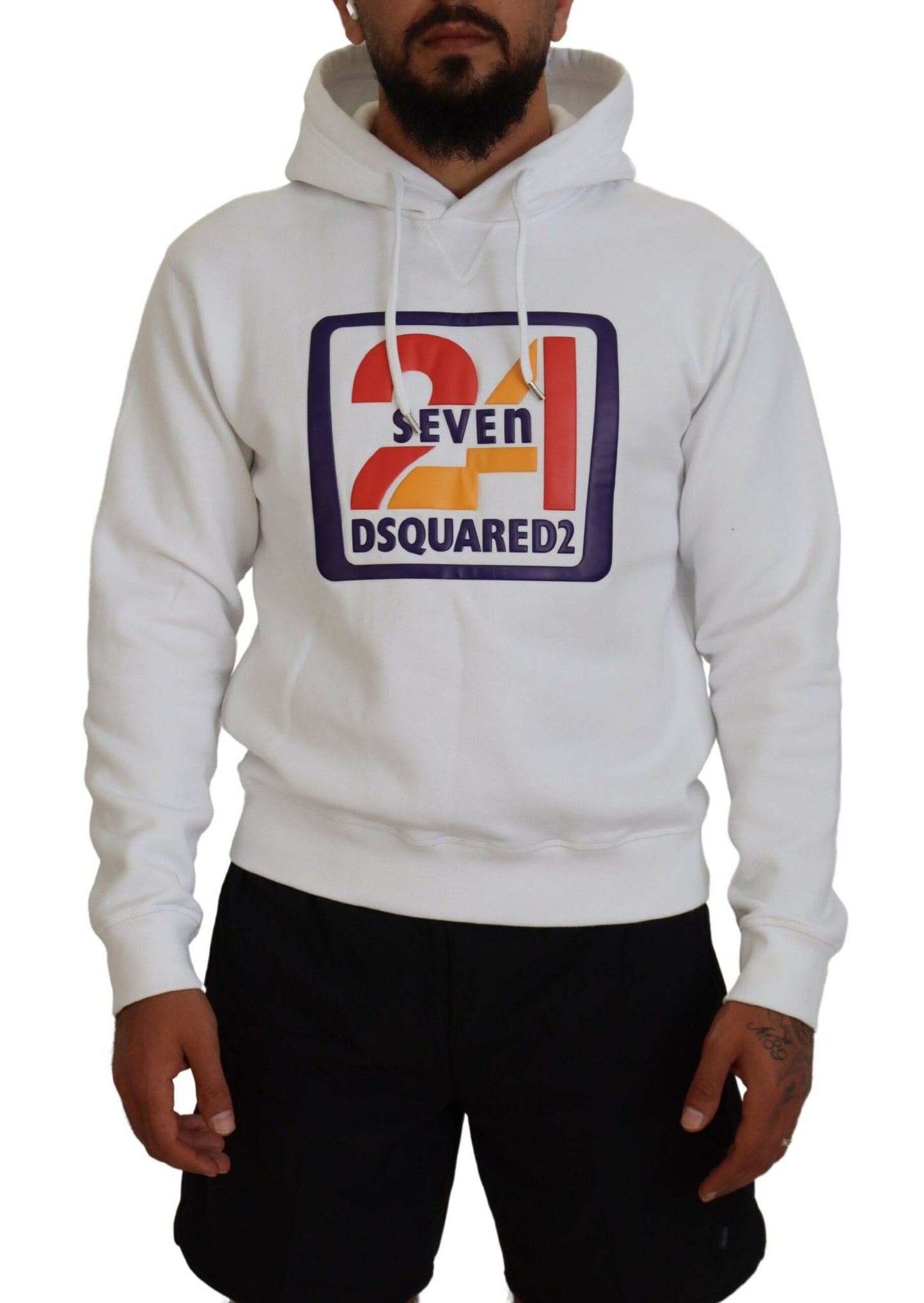 White Cotton Hooded Printed Men Pullover Sweater