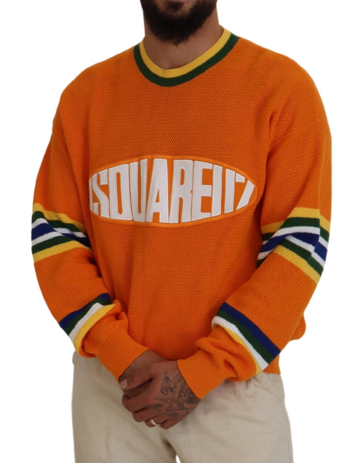 Orange Printed Long Sleeves Men Pullover Sweater