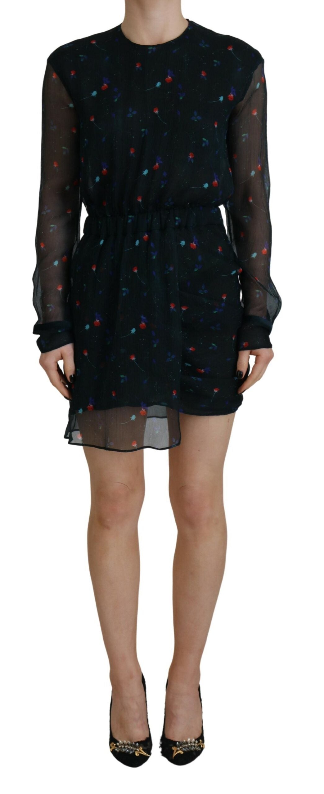 Black Floral Silk Long Sleeves Sheath Mini Dress