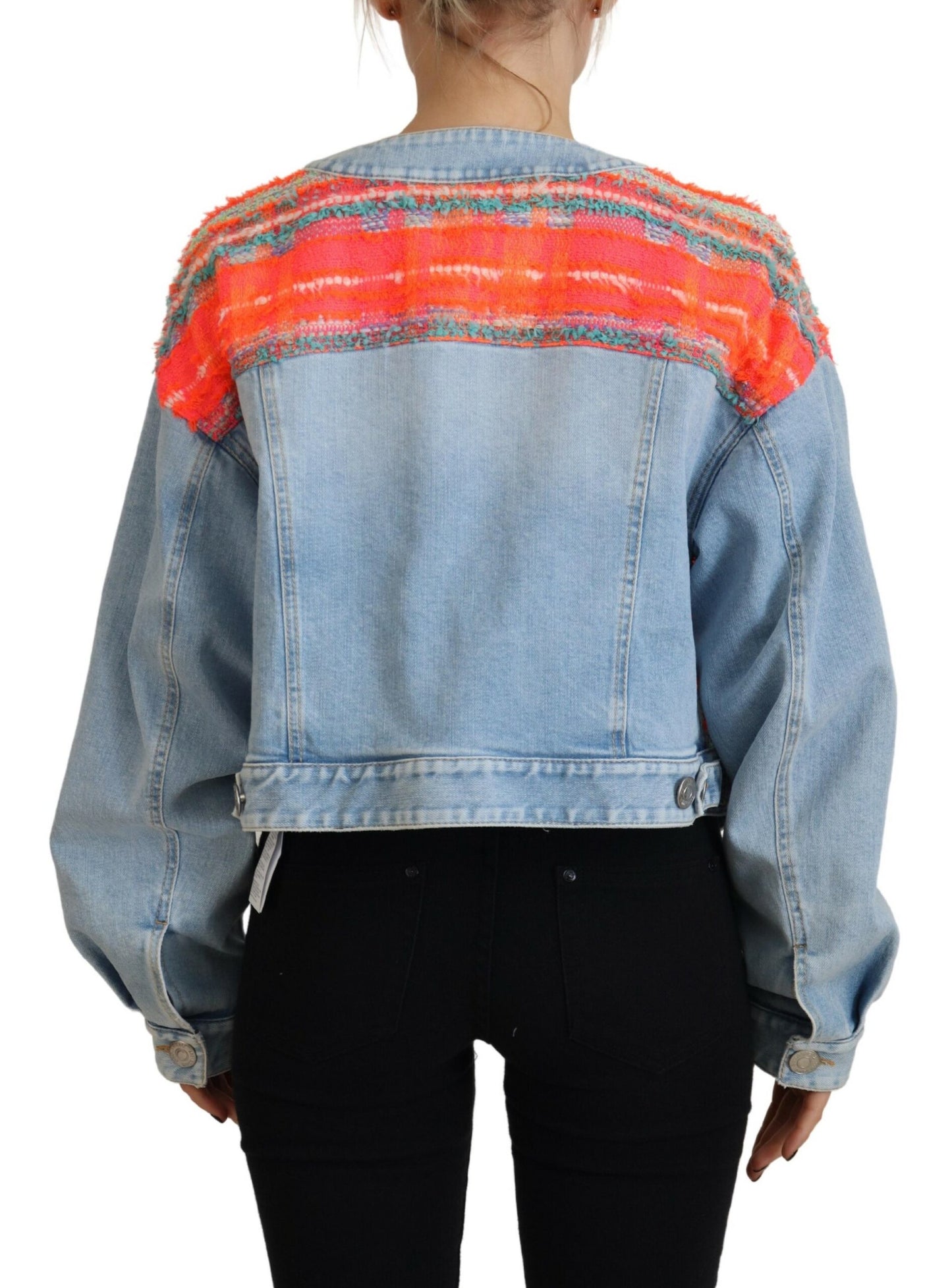 Orange Blue Panelled Button Front Denim Jacket