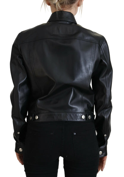 Black Leather Collared Long Sleeves Jacket