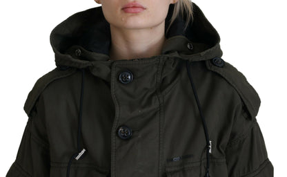 Green Cotton Hooded Cargo Button Jacket