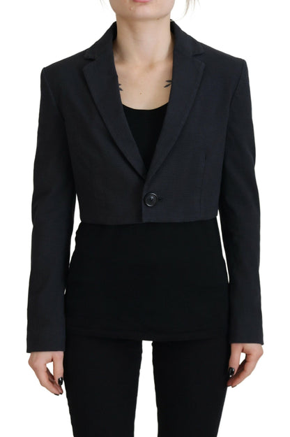 Black Cotton Cropped Button Blazer Jacket