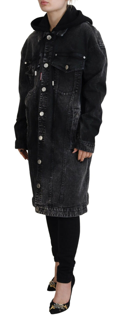 Black Washed Hooded Women Long Denim Blazer Jacket